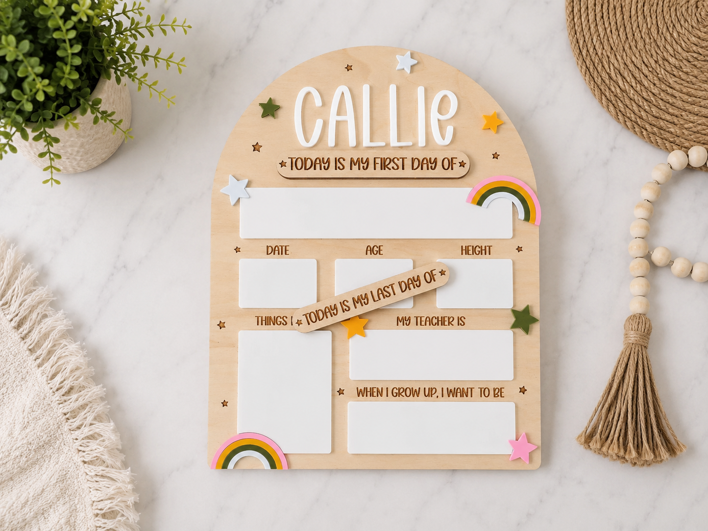 Personalized First and Last Day of School Sign – Reusable Back to School Photo Prop with Acrylic Name and Rainbow Accents