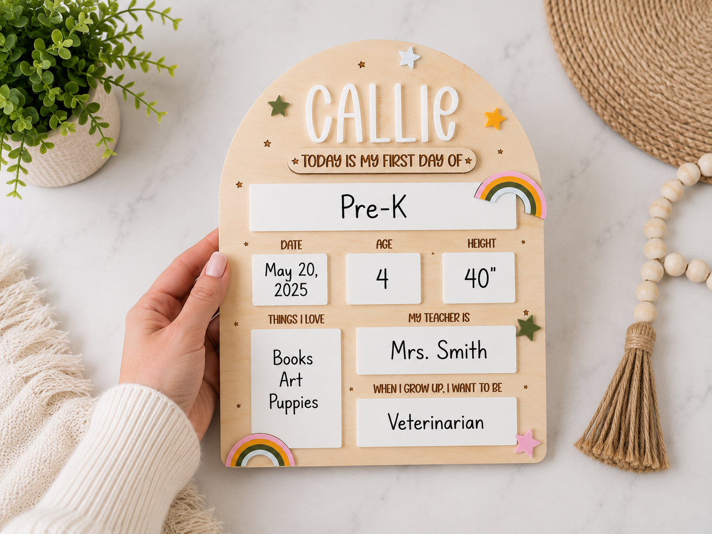 Personalized First and Last Day of School Sign – Reusable Back to School Photo Prop with Acrylic Name and Rainbow Accents