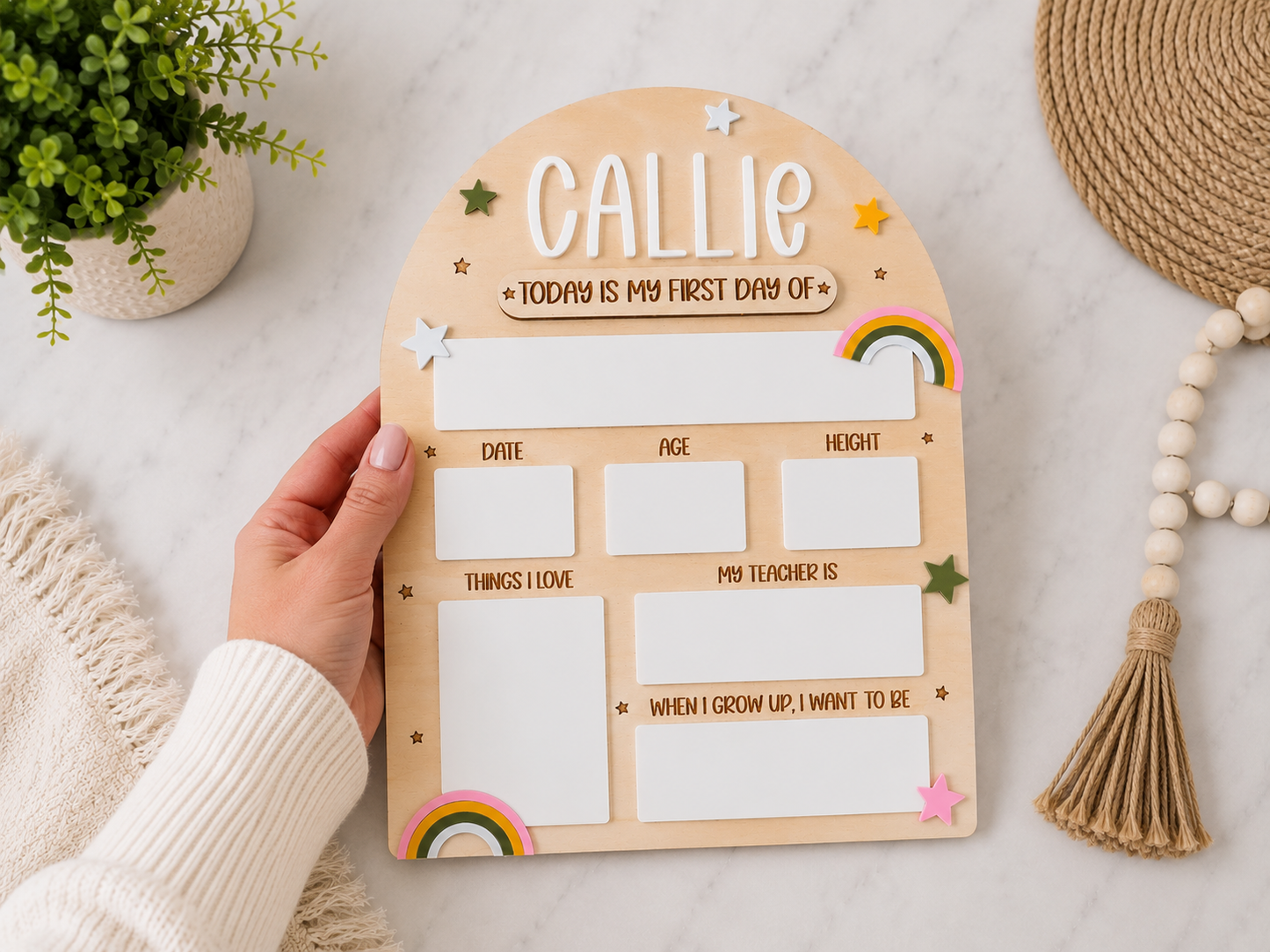 Personalized First and Last Day of School Sign – Reusable Back to School Photo Prop with Acrylic Name and Rainbow Accents