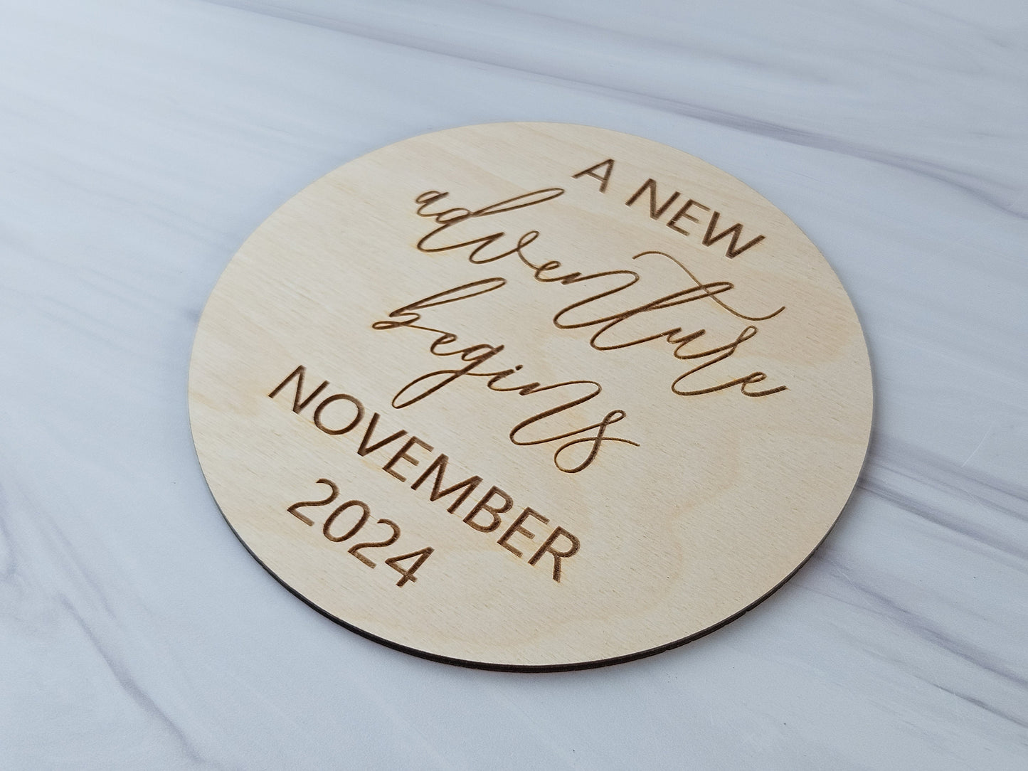 A New Adventure Begins, Engraved Pregnancy Announcement Disc, Baby Arrival Announcement, Pregnancy Photo Prop
