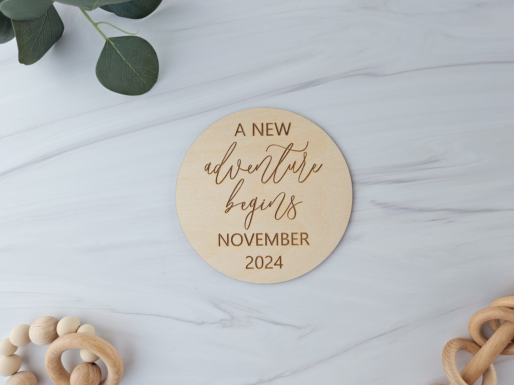A New Adventure Begins, Engraved Pregnancy Announcement Disc, Baby Arrival Announcement, Pregnancy Photo Prop