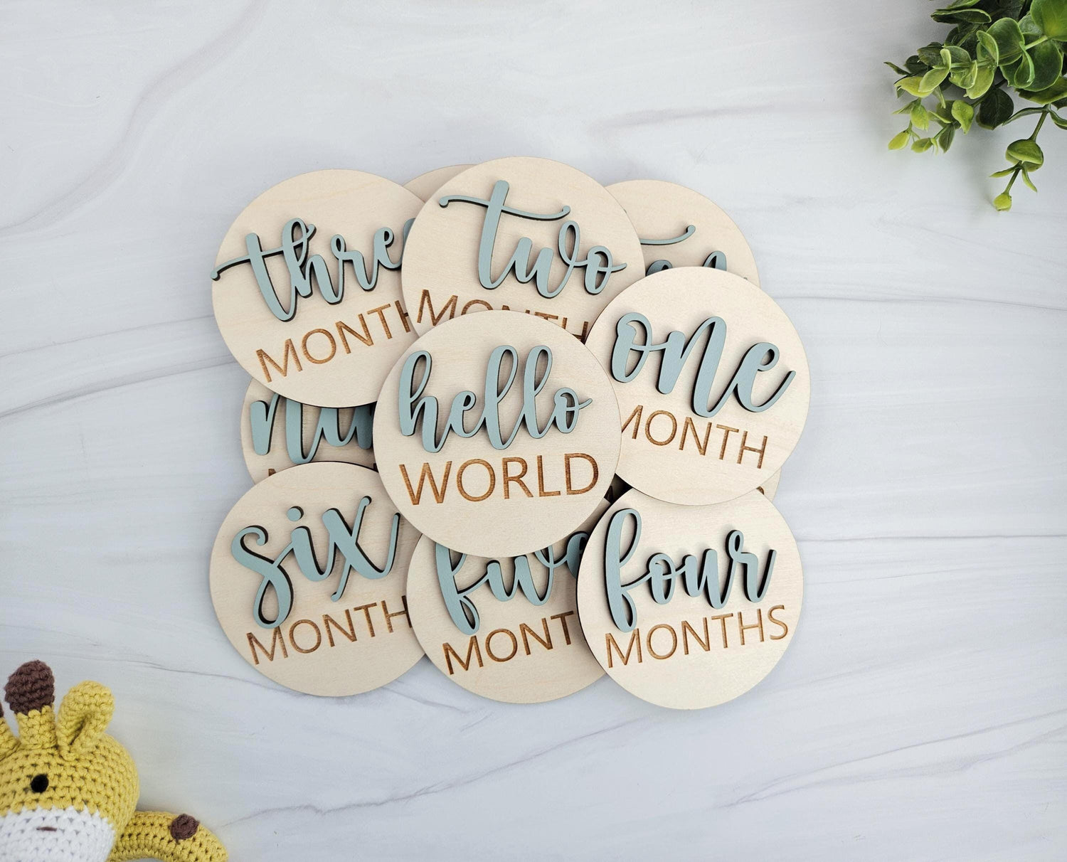 Wooden Baby Milestone Cards – 3D Monthly Milestone Discs for Baby Photos – Engraved Milestone Signs for Babies – Newborn Keepsake Gift