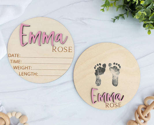 Personalized Baby Birth Stats Sign – 3D Name Footprint Keepsake – Custom Baby Name Sign with Engraved Birth Disc – Newborn Photo Prop