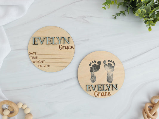 Personalized Baby Birth Stats Sign – 3D Name Footprint Keepsake – Custom Baby Name Sign with Engraved Birth Disc – Newborn Photo Prop