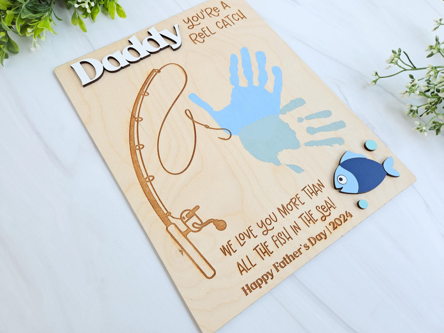 Father’s Day Fishing Sign – Handprint Gift for Dad – Personalized Father’s Day Gift – Gift from Kids – Wood Keepsake – New Dad Gift