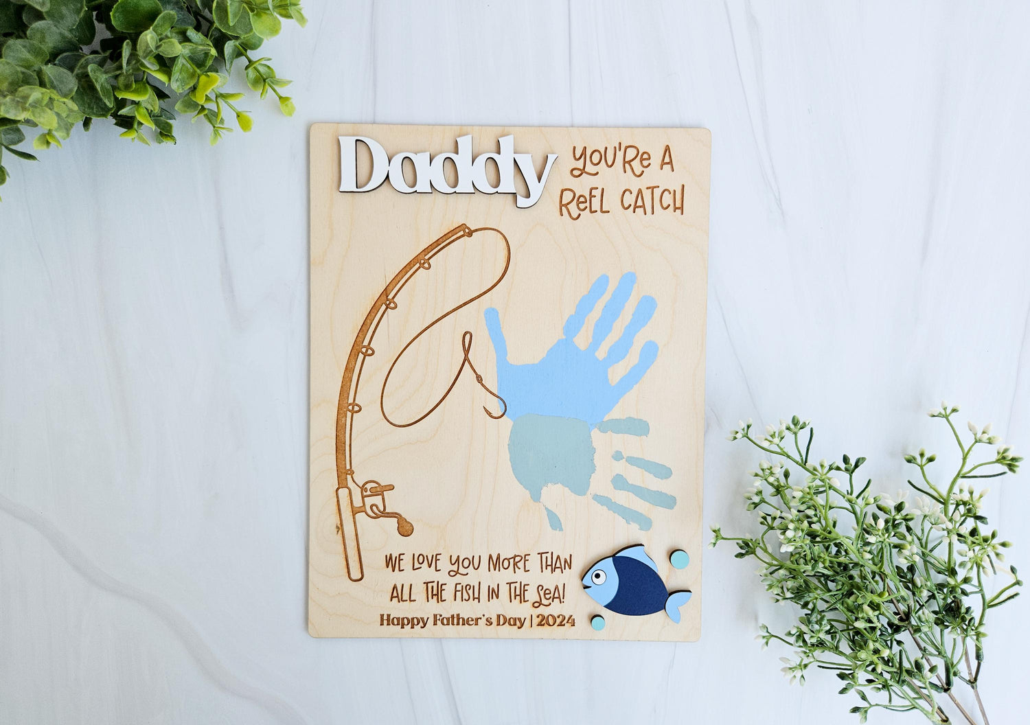 Father’s Day Fishing Sign – Handprint Gift for Dad – Personalized Father’s Day Gift – Gift from Kids – Wood Keepsake – New Dad Gift